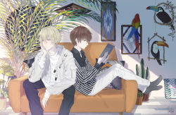 Rule 34 | 2boys, black pants, brown hair, couch, highres, inika, jacket, male focus, multiple boys, original, pants, shirt, short hair, sitting, striped clothes, striped shirt, translation request, white hair, white jacket, white pants
