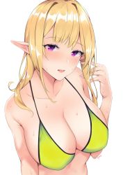 Rule 34 | 1girl, bad id, bad pixiv id, bikini, blonde hair, breasts, cleavage, elf, from above, green bikini, highres, large breasts, long hair, looking at viewer, original, playing with own hair, pointy ears, purple eyes, simple background, solo, sweat, swimsuit, upper body, white background, yamiiv