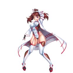 Rule 34 | 1girl, action taimanin, breasts, brown hair, flu, full body, gloves, highres, lab coat, lilith-soft, medium breasts, official art, one eye closed, purple eyes, shinjou yuuna, shiny skin, simple background, solo, taimanin (series), taimanin suit, twintails