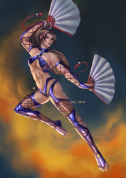Rule 34 | 1girl, artist request, bare shoulders, breasts, brown eyes, brown hair, cosplay, dual wielding, fan, fatal fury, full body, hand fan, holding, holding fan, holding weapon, kitana, kitana (cosplay), large breasts, long hair, looking back, mortal kombat (series), parted bangs, ponytail, power connection, revealing clothes, shiranui mai, snk, solo, the king of fighters, weapon