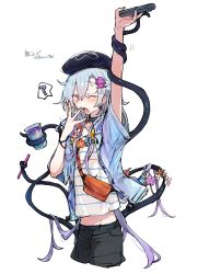 Rule 34 | 1boy, ?, arknights, azuma shino, beret, black hat, black pants, blue flower, blue hair, blue jacket, collarbone, commentary request, flower, gradient hair, groin, hair between eyes, hair ornament, hat, highres, holding, iei, jacket, jellyfish hair ornament, long hair, looking at viewer, male focus, midriff peek, mizuki (arknights), mizuki (summer feast) (arknights), motion lines, multicolored hair, open clothes, open jacket, pants, pink flower, purple hair, shirt, short sleeves, solo, spoken question mark, striped clothes, striped shirt, tentacles, very long hair, white flower, white shirt, yawning, yellow flower