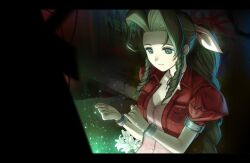 Rule 34 | 1girl, aerith gainsborough, braid, braided ponytail, brown hair, closed mouth, commentary, cropped jacket, dress, drill hair, drill sidelocks, english commentary, final fantasy, final fantasy vii, flower, forehead, grey eyes, hair ribbon, highres, jacket, long hair, maze draws, open clothes, open jacket, pink dress, pink ribbon, pocket, red jacket, ribbon, short sleeves, sidelocks, smile, solo, twitter username, very long hair, white flower