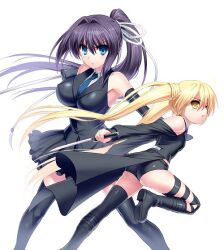 Rule 34 | 2girls, ass, bare shoulders, black dress, black footwear, black gloves, black hair, black thighhighs, blonde hair, blue eyes, blue necktie, boots, breasts, closed mouth, commentary request, dress, elbow gloves, eyes visible through hair, feet out of frame, fighting stance, floating hair, frilled dress, frills, gloves, hair between eyes, hair intakes, hair ribbon, holding, holding knife, knife, konohana lucia, large breasts, long hair, long sleeves, looking at viewer, multiple girls, nakatsu shizuru, necktie, official alternate costume, parted lips, ponytail, rewrite, ribbon, running, serious, simple background, sleeveless, sleeveless dress, small breasts, standing, thigh strap, thighhighs, thighs, twintails, v-shaped eyebrows, very long hair, white background, white ribbon, yellow eyes, zen (kamuro)