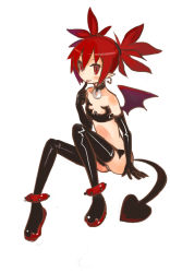 Rule 34 | 1girl, anklet, anonymous drawfag, bat wings, blush stickers, boots, choker, demon girl, demon tail, disgaea, earrings, elbow gloves, etna (disgaea), flat chest, gloves, highres, jewelry, leather, leather boots, leather gloves, licking, licking finger, long hair, platform footwear, red eyes, red hair, sitting, skull, solo, spikes, tail, thigh boots, thighhighs, twintails, wings