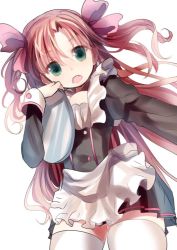 Rule 34 | 1girl, bad id, bad pixiv id, bow, brown hair, fangs, green eyes, hair bow, hair ribbon, long hair, looking at viewer, maid, open mouth, opopowa, original, ribbon, sketch, solo, thighhighs, two side up, white thighhighs, zettai ryouiki