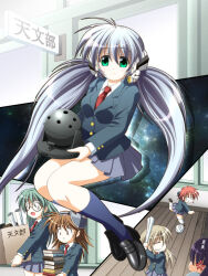 Rule 34 | 6+girls, alternate costume, anger vein, black footwear, black jacket, black socks, blazer, blue hair, book, character request, closed mouth, collared shirt, eyes visible through hair, f20 (funimaru), full body, green eyes, grey skirt, hair between eyes, holding, holding book, hoshino yumemi, indoors, jacket, kneehighs, light blue hair, loafers, long hair, long sleeves, looking at viewer, low twintails, miniskirt, multiple girls, necktie, planetarian, pleated skirt, red necktie, school uniform, shirt, shoes, sitting, skirt, smile, socks, solo focus, space, split mouth, tareme, twintails, upper body, very long hair, white shirt