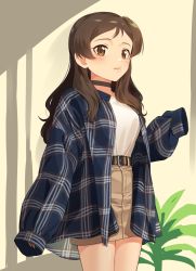 Rule 34 | 1girl, belt, black belt, black choker, blue shirt, brown eyes, brown hair, brown skirt, choker, closed mouth, commentary request, cowboy shot, frown, idolmaster, idolmaster million live!, kamille (vcx68), kitazawa shiho, long hair, long sleeves, looking at viewer, miniskirt, open clothes, open shirt, plaid, plaid shirt, shirt, skirt, sleeves past fingers, sleeves past wrists, solo, standing, white shirt