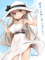 Rule 34 | 1girl, akino shuu, bare shoulders, blush, breasts, brown eyes, brown hair, cleavage, closed mouth, collarbone, commentary request, conte di cavour (kancolle), dress, gloves, hands on headwear, hands up, hat, kantai collection, large breasts, long hair, looking at viewer, sleeveless, sleeveless dress, smile, solo, sun hat, translation request, twitter username, very long hair, white dress, white gloves, white hat