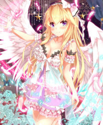 Rule 34 | 1girl, bare shoulders, barefoot, blonde hair, blush, bow, breasts, cleavage, collarbone, cross, dress, feathers, flower, frilled dress, frills, gloves, hair bow, hairband, lace, lace-trimmed dress, lace trim, leg up, lolita hairband, long hair, looking at viewer, md5 mismatch, medium breasts, multicolored eyes, original, outstretched arm, scrunchie, shiny skin, smile, solo, sparkle, star (symbol), takanashie, white bow, wings, wrist scrunchie