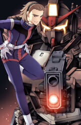 1boy aiming backpack bag belt black_hairband bodysuit boots brown_hair closed_mouth commentary_request earth_federation glowing glowing_eyes gm_spartan_rg gun gundam gundam_battle_operation_code_fairy hair_slicked_back hairband handgun hands_on_own_hips highres holding holding_gun holding_weapon leg_up looking_at_viewer mecha mobile_suit normal_suit pilot_suit purple_bodysuit red_eyes renato_germi robot science_fiction short_hair smile spacesuit standing standing_on_one_leg takagi_shuei v-fin weapon white_belt white_footwear yellow_eyes