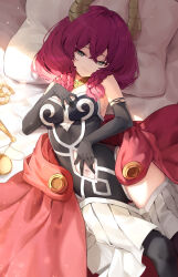 Rule 34 | 1girl, @ @, absurdres, aura (sousou no frieren), bare shoulders, bed, black gloves, black leotard, breasts, cleavage, clothing cutout, demon girl, demon horns, elbow gloves, gloves, gold necklace, hair between eyes, highres, horns, jewelry, large breasts, leotard, looking at viewer, low-braided long hair, low-tied long hair, lying, navel, navel cutout, necklace, on bed, opm7760, pink hair, pleated skirt, seductive smile, skirt, skirt around legs, sleeveless, smile, sousou no frieren, unworn cape, waist cape, weighing scale, white skirt