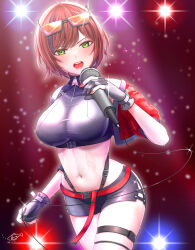 Rule 34 | 1girl, absurdres, aogiri koukou, artist logo, belt, bora (karasumin0), breasts, crop top, cropped jacket, dated, eyewear on head, gloves, green eyes, grey gloves, highres, holding, holding microphone, ishikari akari, jacket, large breasts, lights, microphone, midriff, navel, open clothes, open jacket, open mouth, partially fingerless gloves, red belt, red hair, red jacket, red nails, shirt, short hair, short shorts, shorts, sweat, taut clothes, taut shirt, thigh strap, thighs, virtual youtuber