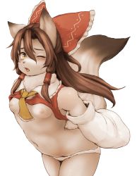 Rule 34 | 1girl, animal ears, bare shoulders, blush, bow, breasts, brown eyes, brown hair, dog ears, dog tail, furrification, furry, furry female, hair bow, hair ornament, hair tubes, hakurei reimu, hawthorn, highres, japanese clothes, long hair, looking at viewer, miko, navel, nipples, no bra, one eye closed, open mouth, panties, simple background, small breasts, solo, tail, touhou, underwear, white background, white panties