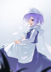 Rule 34 | 1girl, apron, blue eyes, blue skirt, blue vest, cowboy shot, from side, glint, grey background, highres, holding, kanpa (campagne 9), letty whiterock, long sleeves, looking at viewer, one eye closed, open mouth, purple hair, shirt, short hair, skirt, smile, solo, touhou, vest, waist apron, white headwear, white legwear, white shirt