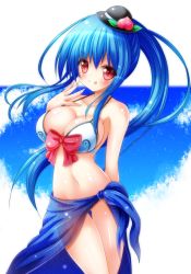 Rule 34 | 1girl, :p, bikini, bikini top only, blue hair, blush, bow, bow bikini, bow bra, bra, breasts, check commentary, commentary request, contrapposto, cowboy shot, fanning face, food, food on head, fruit, fruit on head, hat, highres, hinanawi tenshi, large breasts, long hair, mini hat, navel, object on head, osashin (osada), peach, ponytail, red eyes, sarong, solo, standing, swimsuit, thigh gap, thighs, tongue, tongue out, touhou, underwear, very long hair