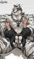 Rule 34 | 1boy, abs, animal ears, arknights, bandaged hand, bandages, bara, blush, bound, bound wrists, chain, chain necklace, covering crotch, covering privates, disembodied hand, facial hair, feet out of frame, flying sweatdrops, furry, furry male, gag, goatee, grabbing, highres, improvised gag, jewelry, large hands, large pectorals, lying, male focus, mountain (arknights), muscular, muscular male, necklace, nipple press, nipple stimulation, nude, on back, pectoral grab, pectorals, scar, scar across eye, scar on arm, short hair, solo focus, stomach, tape, tape gag, thick eyebrows, thick thighs, thighs, tiger boy, tiger ears, trtoutoongo, white hair