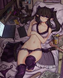Rule 34 | 1girl, bed, belt, bikini, bikini pull, black hair, blush, breasts, breasts apart, brown eyes, bug, can, cellphone, checkered clothes, checkered skirt, cigarette, cigarette pack, cirno, cleavage, clothes pull, cockroach, collarbone, commentary, computer, covered erect nipples, curtains, drawing tablet, electrical outlet, feet, female pubic hair, food, frilled bikini, frills, gluteal fold, hair ribbon, hater (hatater), highres, himekaidou hatate, indoors, insect, kawashiro nitori, key, kochiya sanae, laptop, large breasts, lighter, long hair, looking at viewer, lying, messy room, nail polish, navel, newspaper, on back, panties, pen, phone, photo (object), pill, pillow, pizza, pizza box, pointy ears, pubic hair, pubic hair peek, purple nails, purple panties, purple ribbon, purple thighhighs, recursion, ribbon, shameimaru aya, skirt, solo, stomach, stylus, swimsuit, thighhighs, toeless legwear, toenail polish, toenails, toes, touhou, twintails, underwear, unworn panties, unworn skirt, used tissue, windowsill