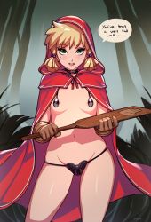 Rule 34 | 1girl, bad id, bad tumblr id, black panties, blonde hair, blush, breasts, brown gloves, choker, cloak, gloves, green eyes, hair bobbles, hair ornament, highres, hood, hooded cloak, leather, leather gloves, little red riding hood, little red riding hood (grimm), looking at viewer, mole, mole under eye, navel, open mouth, optionaltypo, paddle, panties, revision, short hair, small breasts, smile, solo, underwear