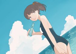 Rule 34 | 1girl, ame (amemgmgmg), bad id, bad pixiv id, blue sky, bottle, brown hair, cloud, day, dutch angle, high ponytail, horizon, looking at viewer, one-piece swimsuit, open mouth, original, outdoors, ramune, school swimsuit, sky, solo, swimsuit, water