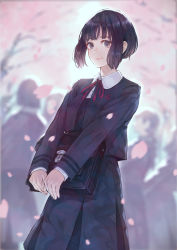 Rule 34 | 1girl, bag, black eyes, black hair, black jacket, black skirt, blurry, blurry background, briefcase, closed mouth, commentary request, cowboy shot, crowd, day, depth of field, emblem, flat chest, highres, holding, holding bag, jacket, kaoming, long sleeves, looking at viewer, medium skirt, neck ribbon, open clothes, open jacket, original, outdoors, purple ribbon, ribbon, school briefcase, school uniform, short hair, skirt, smile, solo focus, spring (season)
