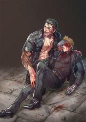 Rule 34 | 2boys, black hair, black jacket, blood, blood on face, blood on ground, brown hair, final fantasy, final fantasy xv, gladiolus amicitia, gloves, hand on own face, ignis scientia, jacket, male focus, moodud, multiple boys, open clothes, open jacket, scar, shouting, spoilers, tattoo