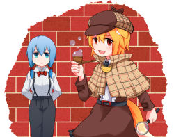 Rule 34 | 2girls, animal ear fluff, animal ears, belt, black belt, black neckwear, black pants, blonde hair, blue eyes, blue hair, bow, bowtie, breasts, brick wall, brown headwear, brown skirt, brown vest, bubble, bubble pipe, closed mouth, collared shirt, commentary request, cookie (touhou), cowboy shot, expressionless, fang, fox ears, fox girl, fox tail, hair bow, highres, holding, holding magnifying glass, looking at viewer, magnifying glass, medium breasts, medium hair, miramikaru miran, miramikaru riran, multiple girls, necktie, open mouth, pants, red bow, red eyes, red neckwear, shirt, skirt, smile, suspenders, tail, vest, white shirt, yan pai