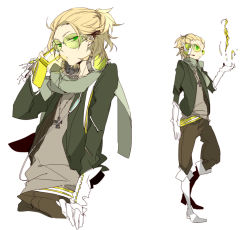 Rule 34 | 1boy, blonde hair, blouse, cable, cellphone, cropped torso, dylan keith, grey shirt, half updo, headphones, inazuma eleven, inazuma eleven (series), jewelry, male focus, multiple views, necklace, phone, scarf, shirt, simple background, standing, sunglasses, suou (sdurorhr), vocaloid, white background
