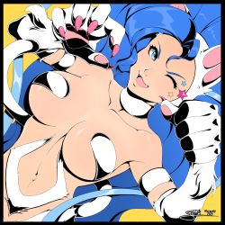 Rule 34 | 1girl, animal ears, animal hands, bare shoulders, blue eyes, blue hair, breasts, cat ears, cat tail, fangs, felicia (vampire), highres, its just suppi, large breasts, long hair, one eye closed, star (symbol), tail, underboob, vampire (game), very long hair, wink