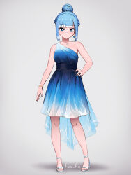 Rule 34 | 1girl, alternate costume, artist name, blue dress, blue eyes, blue hair, bracelet, braid, collarbone, dress, earrings, fian f.n, formal, french braid, full body, gradient dress, hair bun, hand on own thigh, high heels, highres, hololive, hololive indonesia, jewelry, kobo kanaeru, long hair, looking at viewer, multicolored hair, sandals, simple background, single-shoulder dress, single earring, single hair bun, smile, solo, standing, stiletto heels, toes, two-tone hair, virtual youtuber, white background, white dress, white footwear, white hair