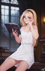 Rule 34 | 1girl, adjusting eyewear, arched window, black hairband, blonde hair, blue eyes, book, book stack, breasts, commentary, dress, glasses, hairband, highres, holding, holding book, indoors, league of legends, long hair, lux (league of legends), open book, personal ami, reading, round eyewear, signature, small breasts, solo, white dress, window