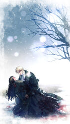 1boy 1girl aged_down ascot bare_tree black_coat black_hair blonde_hair blood blood_on_clothes blood_on_face blood_on_snow blue_eyes coat cyrus_faulkner day fur-trimmed_coat fur_trim highres holding long_hair long_sleeves looking_at_another outdoors pixiv_fantasia pixiv_fantasia_scepter_of_zeraldia shima108 snowing tree white_ascot