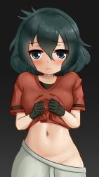 Rule 34 | 1girl, arkeden razeare, black eyes, black hair, blush, clothes lift, frown, gloves, gradient background, highres, kaban (kemono friends), kemono friends, looking at viewer, messy hair, navel, presenting, shirt lift, shorts, stomach, sweat
