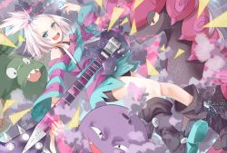 Rule 34 | 10s, 1girl, bass guitar, blue eyes, boots, creatures (company), dress, electric guitar, freckles, game freak, gen 1 pokemon, gen 5 pokemon, guitar, gym leader, hair bobbles, hair ornament, highres, instrument, koffing, nintendo, open mouth, plectrum, pokemon, pokemon (creature), pokemon bw2, roxie (pokemon), scolipede, short dress, short hair, smoke, striped clothes, striped dress, topknot, transistor, trubbish, white hair