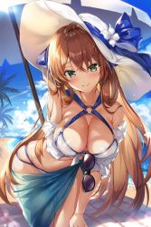 Rule 34 | 1girl, bare shoulders, beach, beach umbrella, bikini, blue ribbon, blue sky, blush, breasts, brown hair, cleavage, closed mouth, day, girls&#039; frontline, green eyes, hair between eyes, hair rings, hat, highres, hip focus, large breasts, leaning forward, long hair, looking at viewer, multi-strapped bikini, narae, o-ring, off shoulder, official alternate costume, open clothes, open shirt, palm tree, ribbon, sarong, shirt, sidelocks, sky, smile, solo, springfield (girls&#039; frontline), springfield (stirring mermaid) (girls&#039; frontline), sun hat, sunglasses, swimsuit, thighs, tree, umbrella, wet, white bikini, white shirt