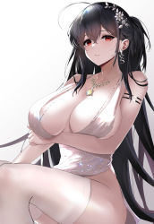 Rule 34 | 1girl, absurdres, ahoge, azur lane, bad id, bad pixiv id, bare shoulders, black hair, blush, breasts, cleavage, collarbone, dress, highres, jewelry, large breasts, looking at viewer, musicatopos, necklace, official alternate costume, one side up, plunging neckline, red eyes, satin dress, solo, taihou (azur lane), taihou (temptation on the sea breeze) (azur lane), thighhighs, thighs, white dress