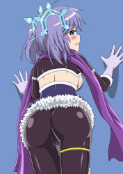 Rule 34 | 1girl, against wall, ass, back, backboob, blue eyes, blush, breasts, cameltoe, clenched teeth, corset, dance princess of the ice barrier, duel monster, from behind, gloves, hair ornament, leaning, leaning forward, looking back, mizutenka, pants, purple hair, scarf, shadow, shiny clothes, shiny skin, short hair, skin tight, solo, tears, teeth, tight clothes, tight pants, twintails, yu-gi-oh!