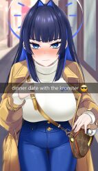 Rule 34 | 1girl, bag, blue eyes, blue pants, blush, bra, breasts, coat, denim, emoji, english text, fake screenshot, hair intakes, handbag, highres, hololive, hololive english, jeans, large breasts, looking at viewer, nixour, official alternate costume, official alternate hair length, official alternate hairstyle, ouro kronii, ouro kronii (casual), pants, pov, snapchat, sweater, tight clothes, tight pants, trench coat, turtleneck, turtleneck sweater, underwear, v-shaped eyebrows, virtual youtuber, white sweater, yellow coat