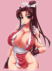 Rule 34 | 1girl, areola slip, blush, breasts, curvy, female focus, gradient background, highres, huge nipples, large breasts, nipples, shiranui mai, smile, snk, solo, the king of fighters, wide hips, yukimaru (gojo)