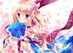 Rule 34 | 1girl, bare shoulders, blonde hair, blue eyes, blue kimono, blue ribbon, blush, bouquet, butterfly hair ornament, commentary request, floral background, floral print, flower, frills, hair between eyes, hair ornament, holding, holding bouquet, japanese clothes, kimono, lolita fashion, long hair, looking at viewer, mio-chan (nogi takayoshi), nogi takayoshi, obi, open mouth, original, petals, ribbon, rose, sash, short sleeves, sidelocks, smile, solo, upper body, wa lolita, wide sleeves