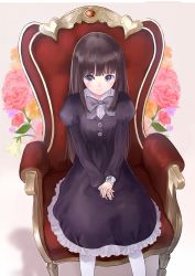 Rule 34 | 1girl, armchair, bad id, bad pixiv id, black dress, blush, bow, brown background, brown hair, chair, closed mouth, collared shirt, commentary request, dress, dress shirt, fingernails, flower, frilled dress, frills, green bow, grey eyes, juliet sleeves, long hair, long sleeves, looking at viewer, orange flower, original, own hands together, pantyhose, puffy sleeves, red flower, shii (kairi-t-k0317), shirt, sitting, smile, solo, very long hair, white flower, white pantyhose, white shirt