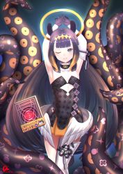 Rule 34 | 1girl, absurdres, ao-chan (ninomae ina&#039;nis), armpits, arms up, black hair, blue eyes, blunt bangs, book, breasts, chromatic aberration, cleavage, collarbone, commentary, cyngapra, detached sleeves, english commentary, gloves, gradient hair, halo, highres, hololive, hololive english, long hair, mole, mole under eye, monster girl, multicolored hair, ninomae ina&#039;nis, ninomae ina&#039;nis (1st costume), one eye closed, orange hair, sidelocks, simple background, single detached sleeve, single thighhigh, solo, tentacle hair, tentacles, thighhighs, very long hair, virtual youtuber