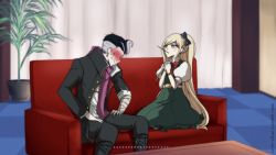 Rule 34 | 1boy, 1girl, bandaged hand, black bow, black footwear, black hair, black jacket, black pants, blonde hair, blush, boots, bow, bowtie, checkered floor, commentary, couch, criis-chan, danganronpa (series), danganronpa 2: goodbye despair, dress, earrings, embarrassed, food, frills, green dress, green eyes, grey hair, hair bow, hands on own thighs, hands up, indoors, interlocked fingers, jacket, jewelry, knee boots, long hair, looking down, mouth hold, no eyes, open clothes, open jacket, pants, plant, pocky, ponytail, potted plant, puffy short sleeves, puffy sleeves, purple scarf, ribbon, scarf, shirt, short hair, short sleeves, sitting, sonia nevermind, sweat, table, tanaka gundham, watermark, web address, white shirt