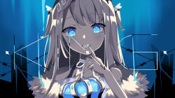 Rule 34 | 1girl, absurdres, amatsuka uto, bad id, bad pixiv id, barbed wire, bare shoulders, blue eyes, blue hair, coat, crown, unworn crown, forgotten artist, fur-trimmed coat, fur trim, hair ornament, hairclip, highres, holding, holding crown, indie virtual youtuber, king (vocaloid), limited palette, long hair, looking at viewer, off shoulder, parody, ribbon, slit pupils, smile, solo, teeth, upper body, virtual youtuber, vocaloid
