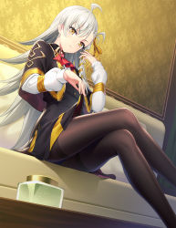 Rule 34 | 1girl, ahoge, ascot, black capelet, black dress, black pantyhose, blush, brooch, brown eyes, brown ribbon, capelet, closed mouth, clothes lift, commentary request, crossed legs, dress, dress lift, fate/grand order, fate (series), feet out of frame, hair ribbon, hand up, highres, jewelry, lifted by self, long hair, long sleeves, looking at viewer, lord el-melloi ii case files, olga marie animusphere, pantyhose, pleated dress, red ascot, ribbon, ririko (zhuoyandesailaer), seat, shirt, silver hair, sitting, solo, thighband pantyhose, train interior, very long hair, white shirt