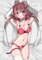 Rule 34 | 1girl, armpits, arms up, bad id, bad pixiv id, bare shoulders, bed sheet, blush, bow, bow bra, bow panties, bra, braid, breasts, cleavage, clip studio paint (medium), collarbone, commentary request, gluteal fold, hair between eyes, hair bow, highres, kanojo okarishimasu, long hair, long sleeves, looking at viewer, lying, medium breasts, navel, on back, open clothes, open shirt, panties, parted lips, pink hair, purple eyes, red bra, red panties, sakurasawa sumi, see-through, shirt, side braid, sketch, solo, takapii, thigh gap, thighhighs, underwear, white bow, white shirt, white thighhighs