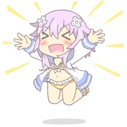 Rule 34 | 1girl, arms up, bikini, breasts, chibi, hair ornament, hairclip, happy, heel, hood, hoodie, meruku tea, neptune (neptunia), neptune (series), open mouth, purple hair, sandals, shoes, short hair, simple background, small breasts, solo, swimsuit, thighs, white background