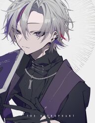 Rule 34 | 1boy, black capelet, black gloves, black robe, book, capelet, cassock, curtained hair, ear piercing, earclip, earrings, fuwa minato, gloves, grey hair, hair between eyes, highres, holding, holding book, jewelry, long sleeves, looking at viewer, male focus, mochizuki kei, multicolored hair, necklace, nijisanji, piercing, purple eyes, purple hair, red hair, robe, short hair, smile, solo, stole, streaked hair, sunburst, tarot, the hierophant (tarot), upper body, virtual youtuber, white background