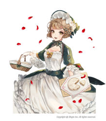 Rule 34 | 1girl, :d, bad id, bad pixiv id, basket, bonnet, braid, breasts, brown hair, center frills, cheese wheel, cleavage, cutting board, dress, frilled sleeves, frills, gloves, laurelfalcon, looking at viewer, medium breasts, official art, open mouth, petals, short hair, sid story, smile, standing, watermark, white dress, white gloves