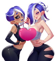 Rule 34 | 2girls, ass, bandages around chest, bare shoulders, breast press, breasts, censored, closed eyes, crop top, ear piercing, from side, heart, heart censor, large breasts, little blood, multiple girls, nintendo, octoling player character, one eye covered, pants, piercing, red eyes, shiver (splatoon), sleeveless, splatoon (series), splatoon 3, tentacle hair