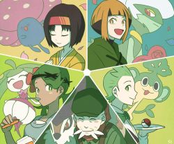 Rule 34 | 2boys, 3girls, asymmetrical bangs, beard, black hair, blunt bangs, bow, bowtie, breasts, bright pupils, cilan (pokemon), closed eyes, creature, creatures (company), erika (pokemon), face, facial hair, game freak, gardenia (pokemon), gen 1 pokemon, gen 4 pokemon, gen 5 pokemon, gen 6 pokemon, gen 7 pokemon, gogoat, green background, green eyes, green hair, gym leader, hat, holding, japanese clothes, kimono, light brown hair, long hair, looking at viewer, mallow (pokemon), multiple boys, multiple girls, nintendo, old, old man, pansage, poke ball, poke ball (basic), pokemon, pokemon (creature), pokemon bw, pokemon dppt, pokemon hgss, pokemon sm, pokemon xy, ramos (pokemon), roserade, short hair, sidelocks, signature, small breasts, smile, spoon, ssalbulre, steenee, traditional bowtie, tray, trial captain, vileplume, yellow background